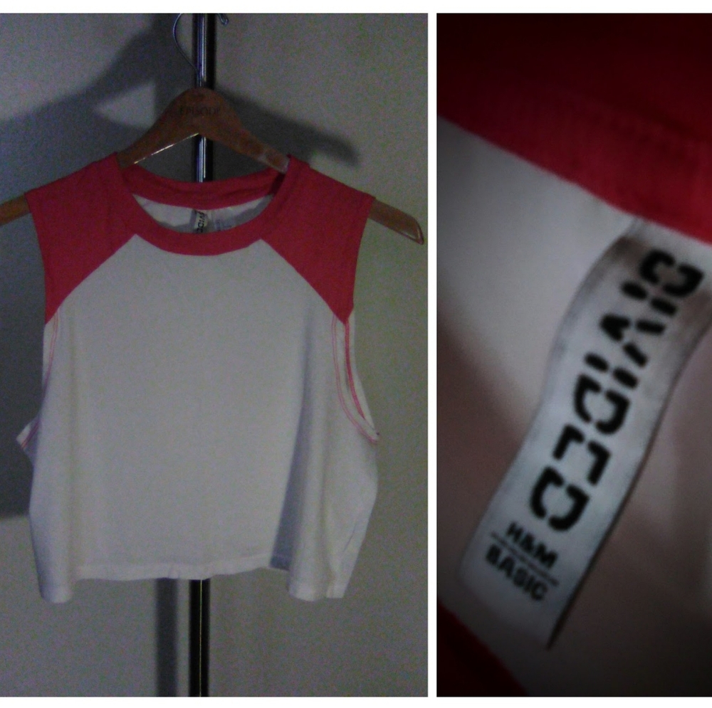 H&M DIVIDED Basic Size L White/Crimson Cotton Sleeveless Crop Tank Top